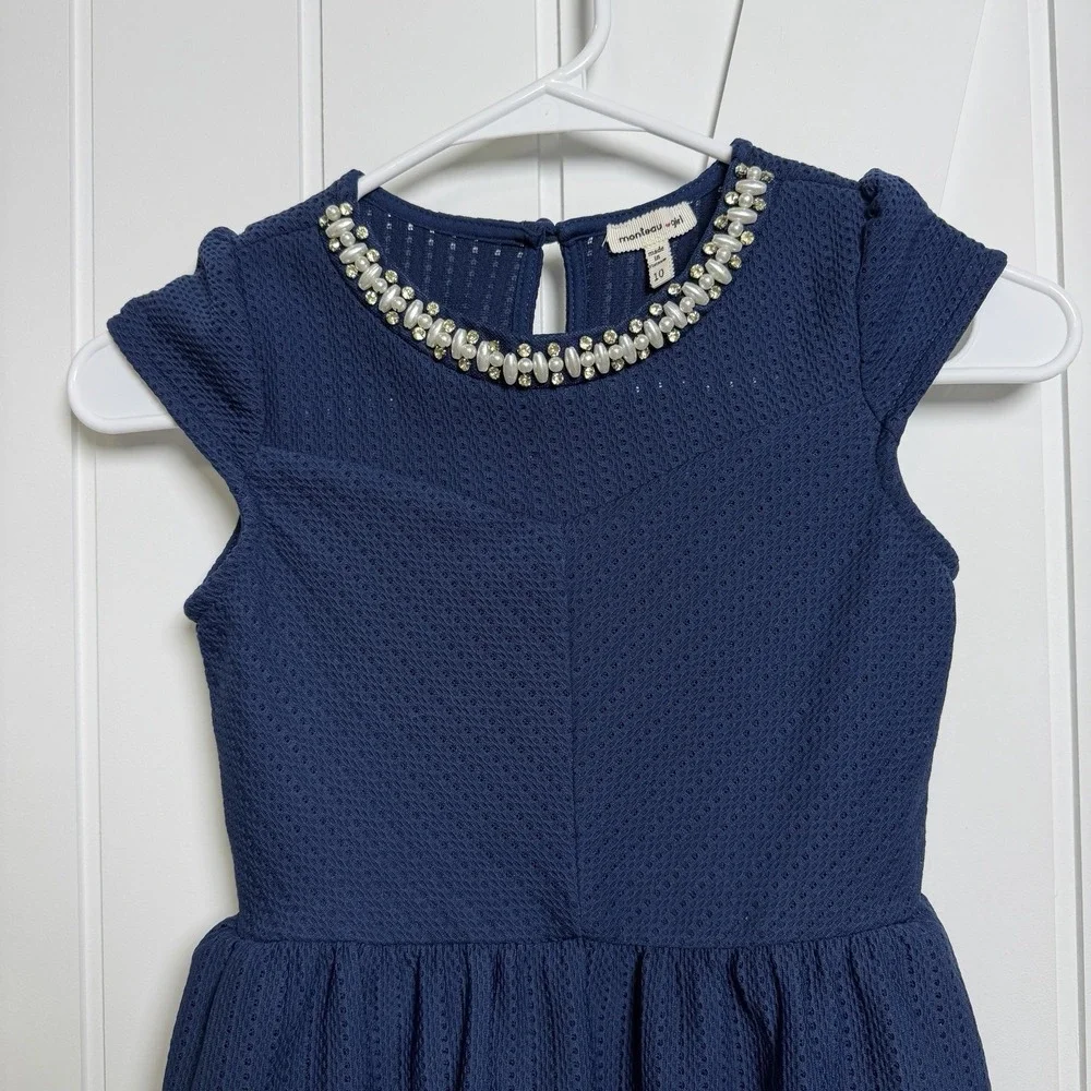 Monteau girl navy blue Dress Size 10 beaded neck sleeveless Party Festive